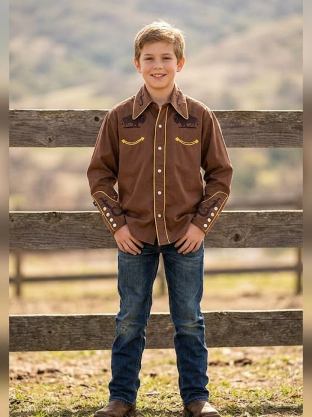 Rockmount Kid's Embroidered Bison Western Shirt in Cocoa Brown Size Medium